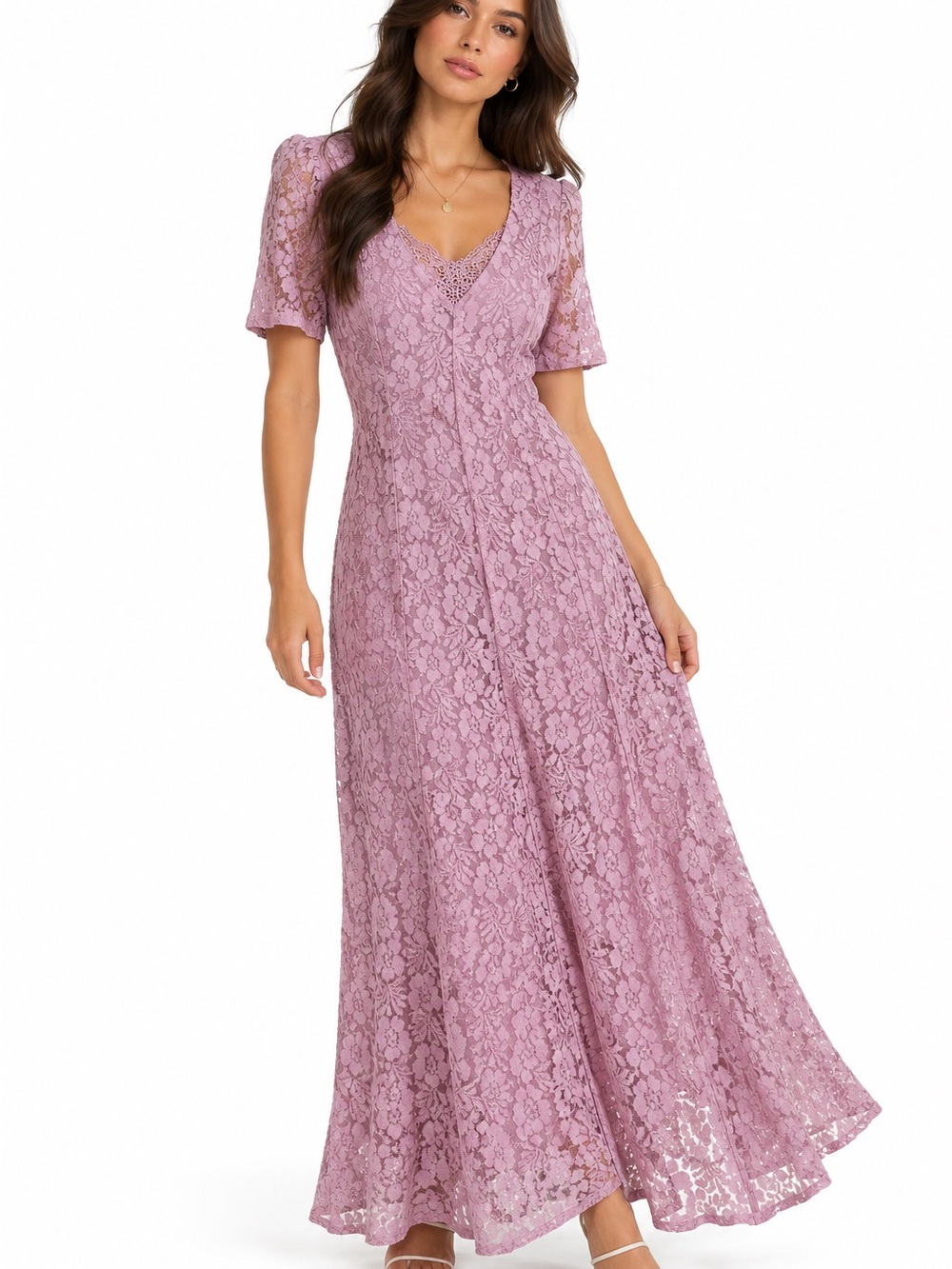 Vintage Dusty Rose Floral Lace Maxi Dress Coquette Romantic Cottagecore Tie Back
